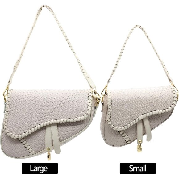 Women's White Saddle Shoulder Bag Clutch Purse Small Crocodile Leather Bag - Picture 2 of 5